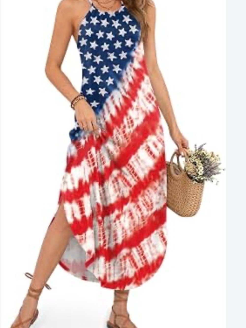 Sleeveless Halter Maxi Dress in Red, White & Blue